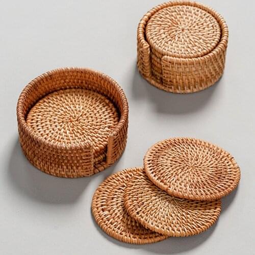 1PC Round Natural Rattan Coaster Table Mat Bowl Pad Handmade Insulation Placemats Cup Mats Kitchen Decoration Accessories