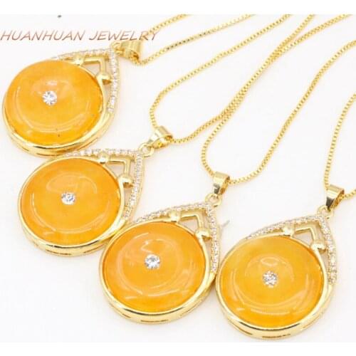 Charms Stainless Steel Chain Pendants 23X32mm Yellow Stone Natural Jades Chalcedony Zircon Round Circle Pendants Jewelry B3353