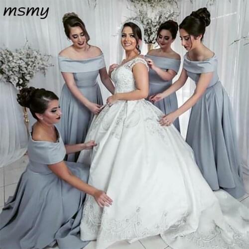 Simple A-Line Bridesmaid Dresses Boat Neck Off Shoulder Long Cheap Grey Satin Bridesmaid Dresses