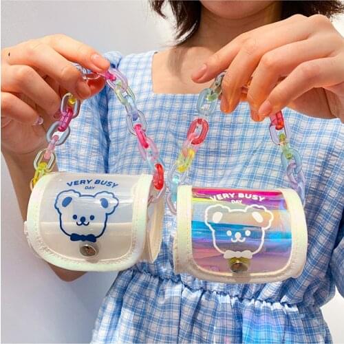 Rainbow transparent chain bear coin purse girl mesh storage cylinder bag