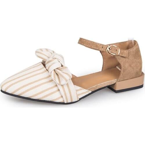 2020 Summer New Women Sandals Buckle Strap Bow Knot Ladies Sandals Female Pointed Toe Striped Flock Thick Low Heels Casual Shoes