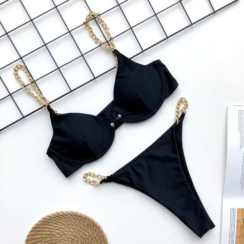 Sexy Swimsuit Bathing Suit Metal Chain Padding Bikini High Cut Thong Swimwear Women Push Up Bikini
