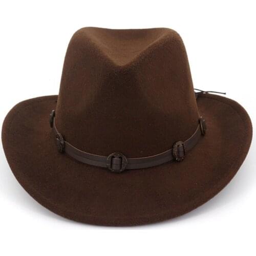 European US Wide Brim Woolen Felt Jazz Panama Hat Western Cowboy Cowgirl Hats with Leather Decorated Trilby Fedora for Men Women