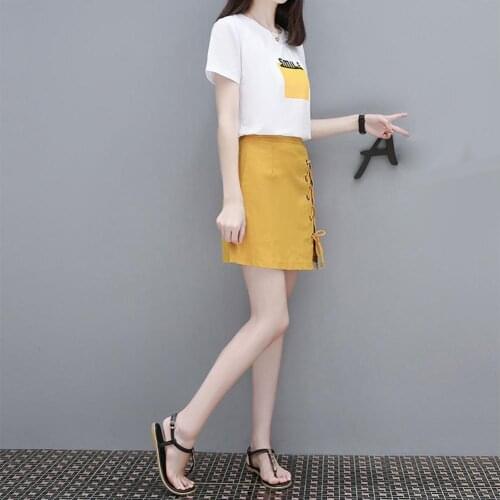 Women Short Sleeve O Neck T-shirt Top High Waist A Line Side Strap Skirt Set