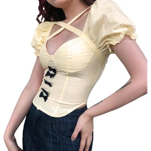 Women’s Sweet Puff Sleeve T-shirt Fashion Solid Color Bow Backless Bandage Exposed Navel Tops