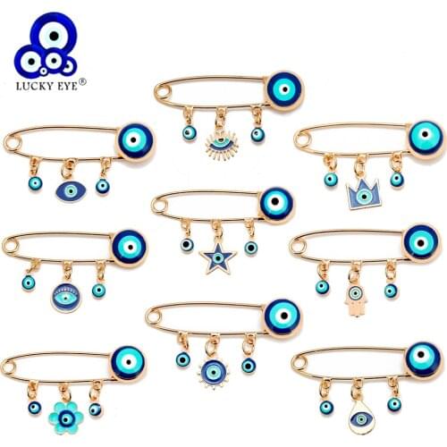 Lucky Eye Blue Turkish Evil Eye Brooch Pin for Women Men Dropping Oil Flower Crown Star Hamsa Hand Charm Fashion Jewelry BD52