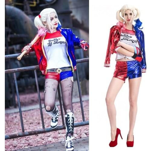Women Girls Carnival Party Harleen Quinzel Cosplay Costume T-shirts Top Jacket With Wig Costumes