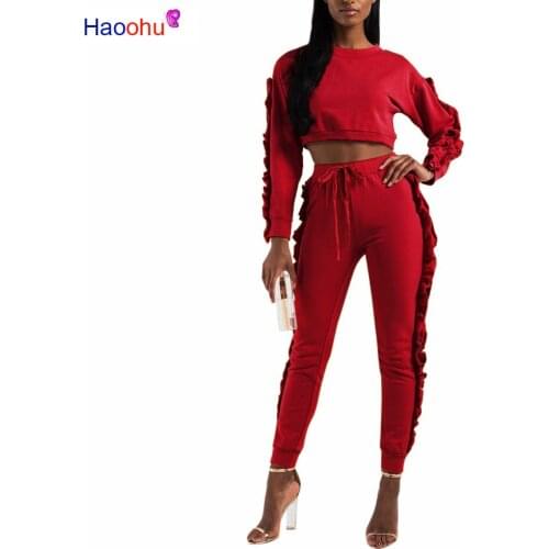 HAOOHU 2 Piece Set Women 2018 Autumn Winter Sweatsuit Long Sleeve Ruffle Top+Pants Track Suits Casual Tracksuits Two Piece Set