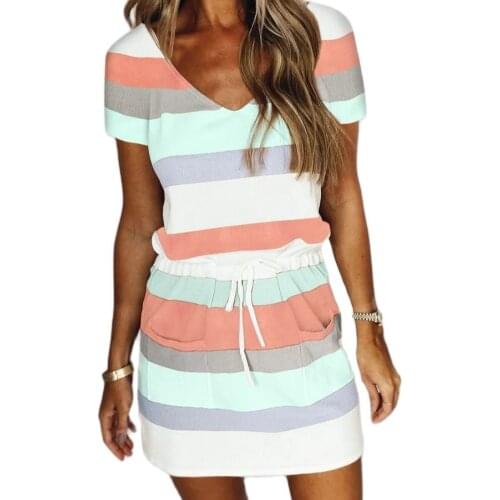 Womens Dress Fashion Striped Color V-neck Drawstring Pocket Suspender Dress Women Casual Summer Dress Beach Mini Sundress