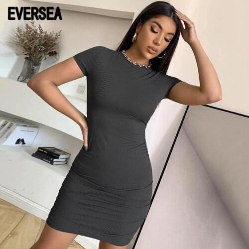 Eversea Summer new style womens halter lace-up sexy knit short-sleeved dress solid color hip skirt