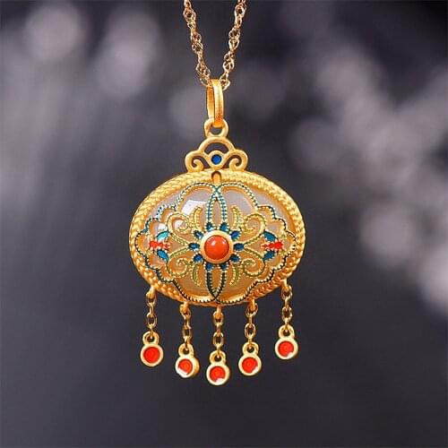14k Gold Color Vintage Carving Jade Gemstones Enamel Pendant Necklaces Chain Bracelets for Women Fine Jewelry Bijoux Accessories