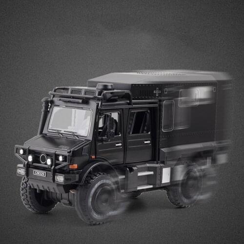 1:28 high simulation Unimog off-road alloy car model with sound and light pull back childrens metal toy for gifts