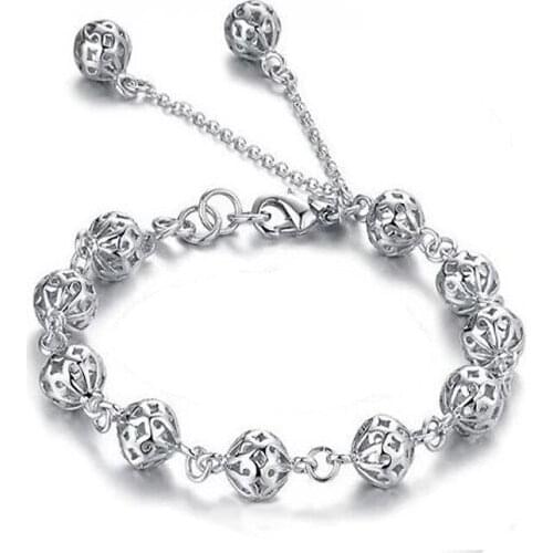 Romantic silver plated Charm Bracelet & Bangle With 8mm Hollow ball Pendant for Women Wedding fashion Jewelry