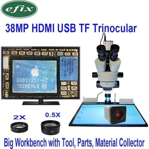 Efix 3.5X-90X Simul-Focal Double Boom Stand Trinocular Stereo Zoom Microscope 38MP HDMI Camera LED Light Microscopio
