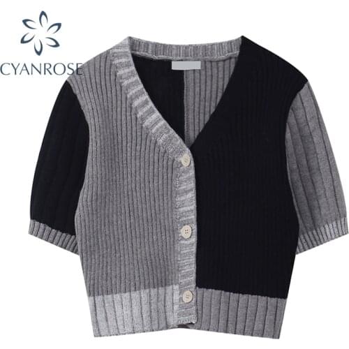 Korean Style O-neck Short Knitted Sweaters Women Thin Cardigan Button up 2021 Summer Casual Fashion Patchwork Crop Top Female