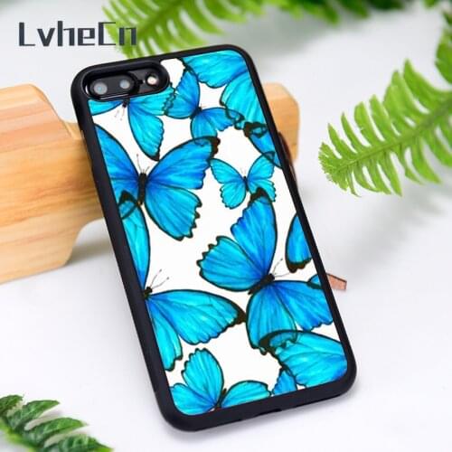 LvheCn Silicone Rubber Phone Case Cover for iPhone 6 6S 7 8 Plus X XS XR 11 12 Mini Pro Max Giant Blue Butterflies