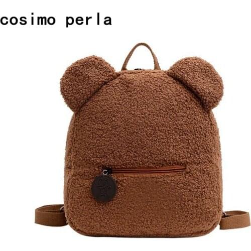 INS Cute Little Bear Ear Plush Backpacks for Kids Korean Kawaii Lambswool Cartoon Bagpack Female Small Furry Travel Rucksack