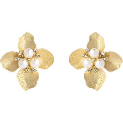 Fashion Gold Metal Flower Stud Earrings Pearl Rhinestone Simple Statement Earrings for Women Girls Wedding Party Jewelry Gift