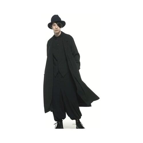 Yamamoto style dark long trench coat with adjustable blend coat with bevelled buttons