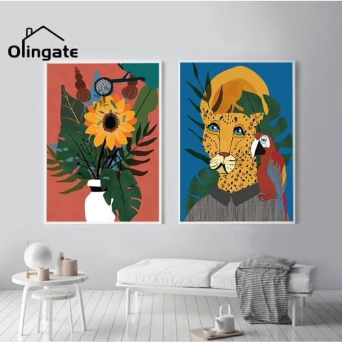 Nordic Abstract Animal Flowers Posters Modern Cartoon Lion Wall Art One Piece Canvas Painting Home Decor for Living Drawing Room
