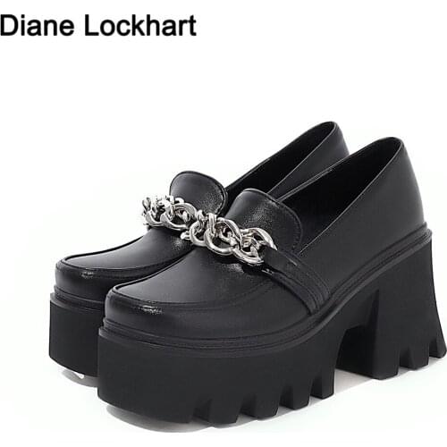 Shoes Girl Platform Punk Shoes Women Chain Heels Slip-on Ladies Pumps 2021 New Spring Thick heels Comfortable Chunky Heels 34-43