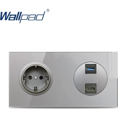 Wallpad EU Wall Socket With HDMI USB 3.0 Connection Data Transmission Grey Crystal Tempered Glass Double Panel