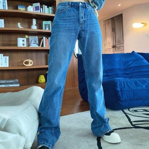 Womens High Waist Denim Jeans 2021 Streetwear Blue Cotton Boyfriend Flare Pants Summer Female Korean Fashion Trousers Clothing