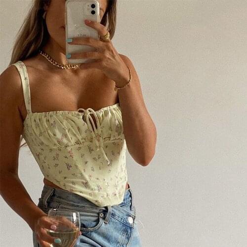 Women Sexy Floral Camis Top Spaghetti Straps Boned Fashion Printed Bustier Corset Tight Slim Low-cut Crop Camisole Top