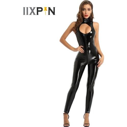 Women Sexy PVC Latex Catsuit Sleeveless Leather Bodysuit Zipper Crotch Open Cup Sexy Costumes Erotic Wet Look Jumpsuit Clubwear
