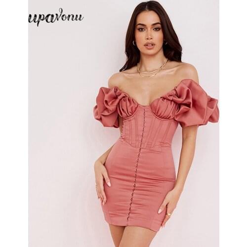 Free Shipping 2021 Sexy Women Satin Mini Dress Card Shoulder Puff Sleeve Bodycon Single Breasted Dress Club Night Party Vestidos