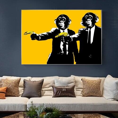 Orangutan Monkey Art Canvas Print Painting Gorilla Holding Banana Animal Funny Modern Yellow Wall Picture Home Decoration Poster