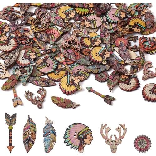 1Set Retro Mix 2-Hole Printed Wooden Buttons Colorful Painted Wood Butterfly Flower Button for Sewing Clothes Scrapbooking Craft