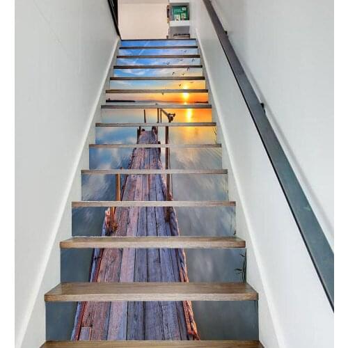 13Pcs/Set DIY 3D Stairway Pier In Sunrise Stairs Stickers Fall Floor Wall Decor Decals Sticker Living Room Decoration
