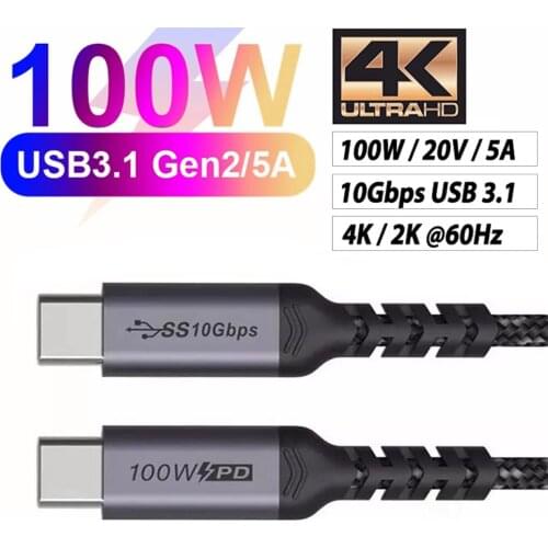 4K HD PD 100W USB C to Type C Cable For Macbook Pro USB 3.1 Gen 2 USB-C 5A Fast Charging Cable For Samsung S10 Note20 Data Cord