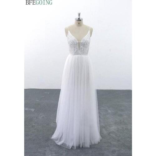 White Tulle Lace Beading V-Neck Bridal gown Spaghetti straps Floor-Length A-line Wedding dress Custom made