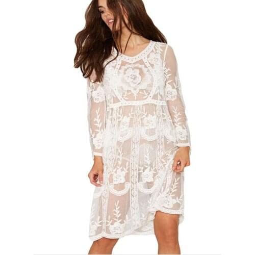 BYUAN New Ladies Dresses Hollow Out Sexy Beach Dress Women Summer Lace Mesh Dress Woman Sun Clothes Long White Holiday Dress