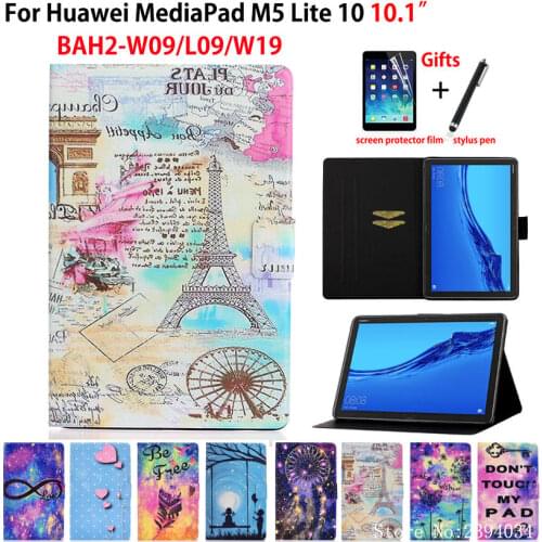 For Huawei MediaPad M5 lite 10 Smart Case Cover BAH2-W09/L09/W19 10.1" Funda Tablet Tower Painted PU Leather Stand Shell +Gift