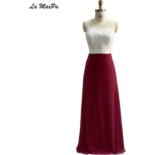 Ivory Lace Top Wine Red Chiffon Long Bridesmaid Dress CMT96