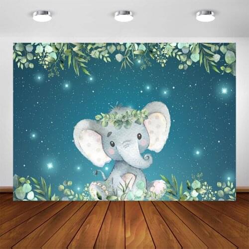 Elephant Baby Shower Backdrop Boy Elephant 1st Birthday Background Green Leaf Blue Elephant Star Birthday Party Backdrops