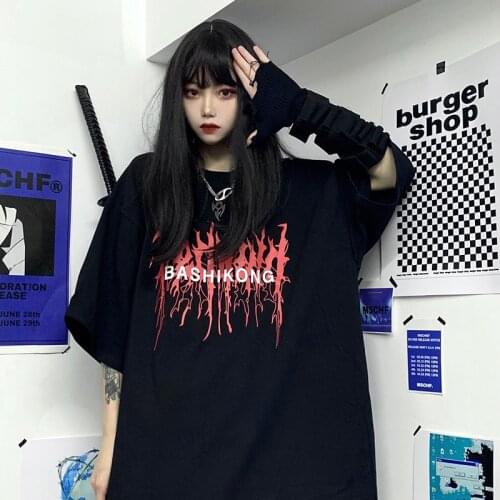 Gothic Black Tshirt Streetwear Loose Summer T Shirt Women Harajuku Punk Short Sleeves T-shirts Tops Hip Hop Loose Tshirt Girls