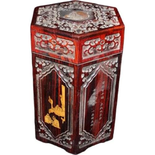 China old Beijing old goods Old Flower color Redwood carving hexagonal box storage box storage box