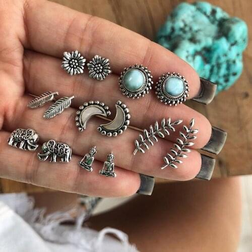 14 Pcs/Set Personality Buddha Elephant Flower Moon Leaves Sun Gem 001 Earrings Set Women Punk Party Clothing