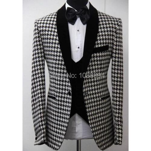 Costume Homme 2018 Custom Made Houndstooth Men Dress Jacket Groomsmen Men Suits For Wedding Groom Tuxedo (Jacket+Pants+Vest+Bow)