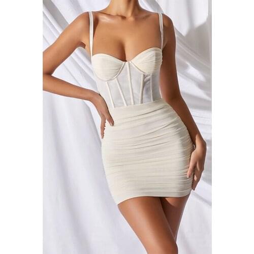 2021 summer mesh pleated open-back sling dress womens sexy white mini dress party slim y2k vintage harajuku bag hip dress new