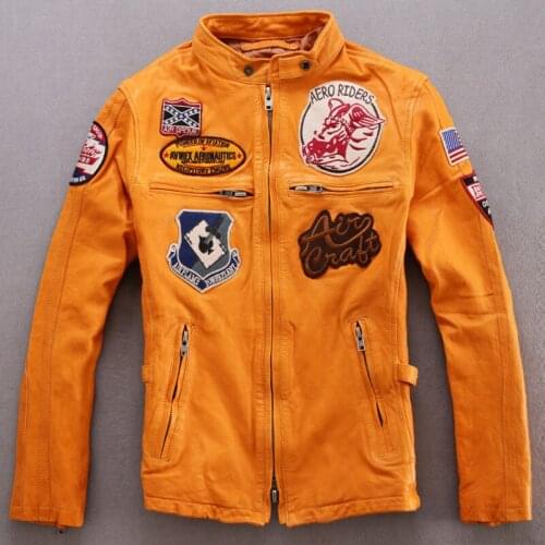 Male leather jacket mens 100% Goatskin genuine leather jackets yellow/black slim fit motorcycle leather jacket men pilot jacket
