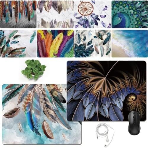 Mouse Pad Game Gamer Mouse Pad Feather Print Series Desktop Non-slip PU Leather Pad Gaming Mat for PC Laptop