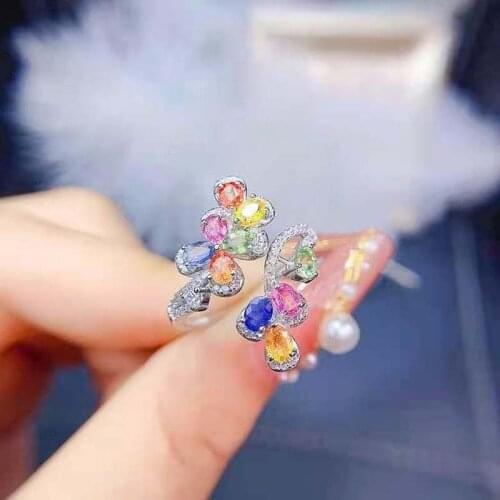 Fine Natural Color Sapphire/Emerald/Tourmaline Women’s Opening Ring Real S925 Sterling Silver Fashion Charming Jewelry MeiBaPJFS