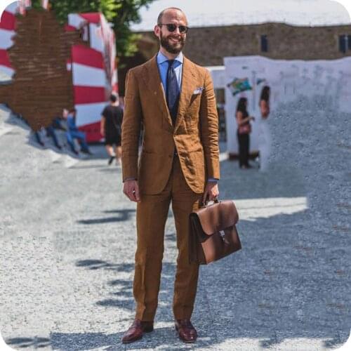 Beach Brown Linen Classic Men Suits Pants Slim Fit Groom Tuxedo Latest Coat Pant Designs Man Blazer Jacket 2Piece Costume Ternos