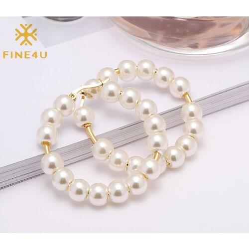 FINE4U E225 Pearl Hoop Earrings for Women Fashion Dangle Hypoallergenic Layer Earrings Drop Dangle Earrings Gifts