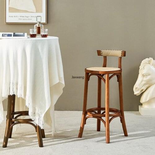 Nordic Bar Chair Solid Wood Bar Chairs Modern Minimalist High Stool Rattan Retro Simple Back Wooden High Feet Stool for Kitchen